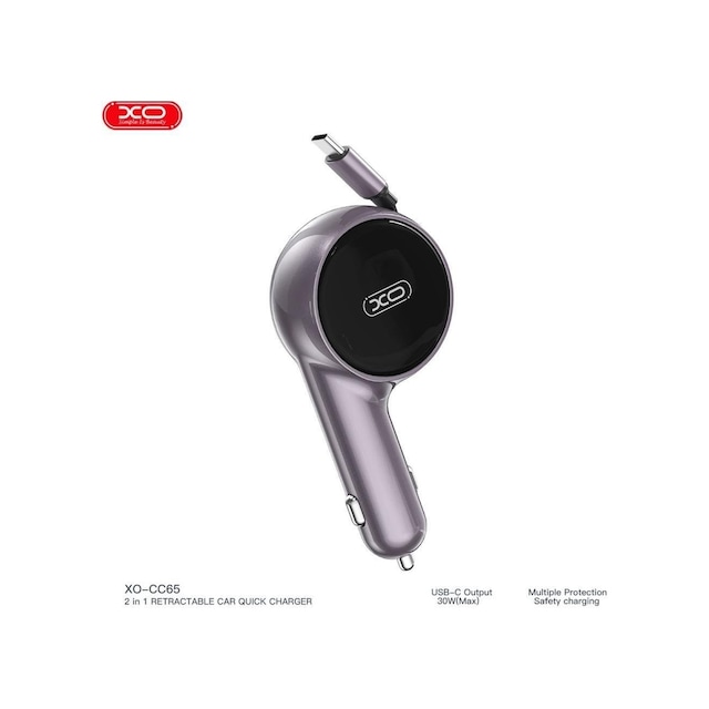 Xo Cc65 60w Makaralı Araç Şarjı - Dahili Type-c Kablolu Çift Çıkışlı Hızlı Şarj