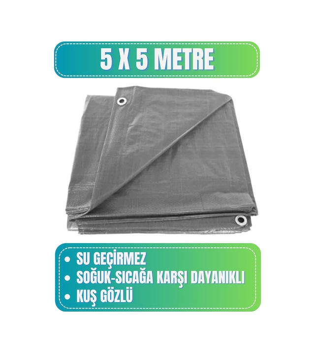 Evkar 5x5 Metre Su Geçirmez Pullu Çadır Branda Tente Yağmurluk Gölgelik 5x5m - Gri