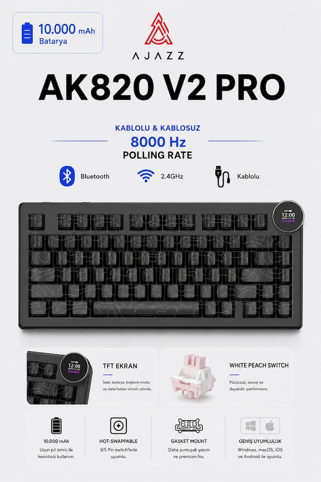 Ak820 V2 Pro 8k+8k Ekranlı Mekanik Oyun Klavyesi-10.000 Mah Batarya