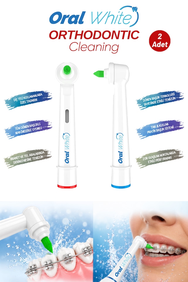 Oral White Orthodontic Cleaning Arayüz Fırçası Başlığı Diş Teli Olanlara Özel Dönen Başlıklı 2 Adet Yedek Başlık