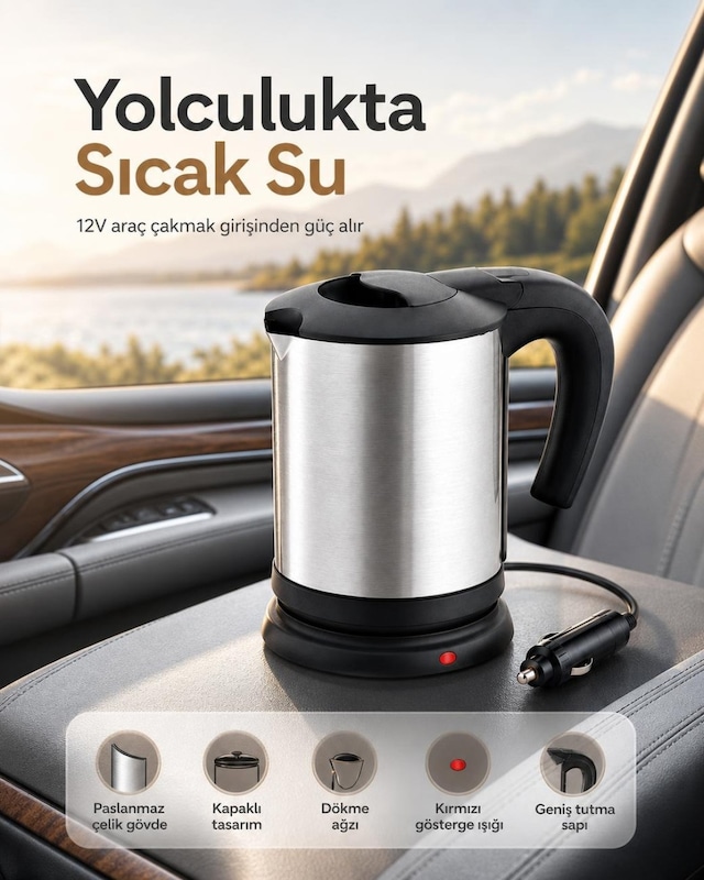 Seyahat İçin 12v Elektrikli Su Isıtıcı Paslanmaz Çelik Gövdeli Pratik Kettle