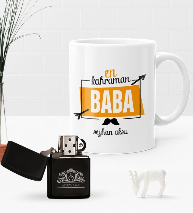 Kişiye Özel En Kahraman Baba Benzinli Çakmak ve Kupa Seti-1