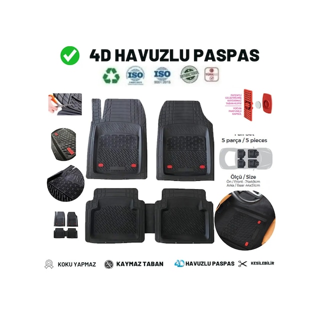 Honda Jazz 2010 Uyumlu 4 Cm Derin Havuzlu 5 Parça Set 3d Paspas Takımı Siyah