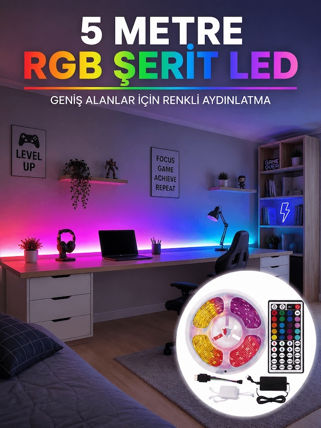 Rgb Şerit Led 5 Metre 5050 Smd Kumandalı Çok Renkli Ev Oda Tv Ark