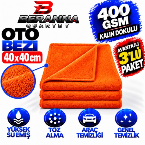 Microfiber Oto Kurulama Bezi 40x40 400 Gsm Kalın Dokulu Turuncu 3 Lü Paket
