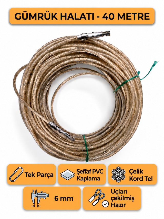 Tır Dorse Kamyon Konteyner Gümrük Halatı Galvanizli Çelik Tel 40 Metre 6mm