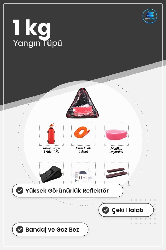 Oto Trafik Ve İlk Yardım Seti 1 Kg Yangın Tüpü Reflektörlü Çeki H