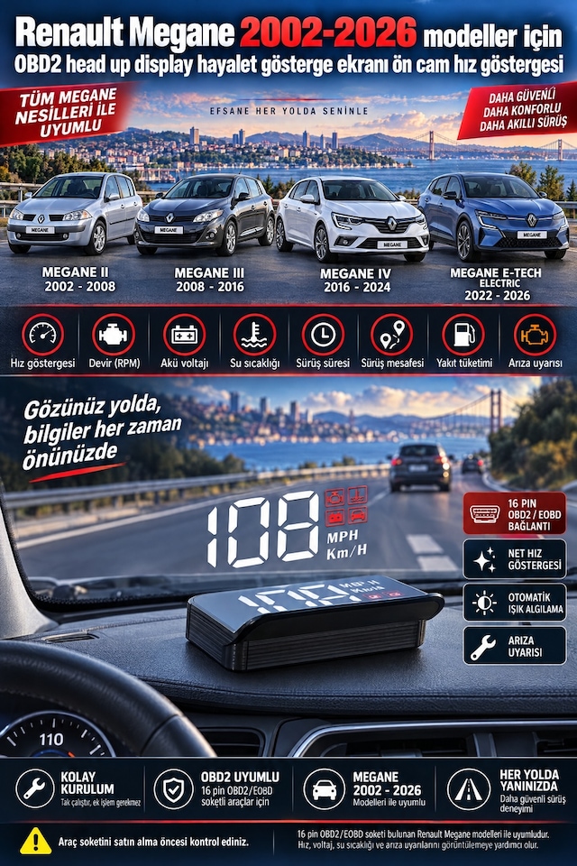 Renault Megane 2002-2026 Modeller İçin Obd2 Head Up Display Hayalet Gösterge Ekranı Ön Cam Hız Göstergesi