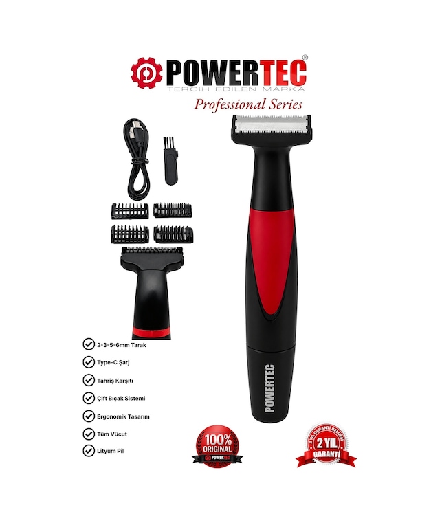Powertec TR-655 Vücut Tıraş Makinesi (Body Groom) Çift Bıçak - Sıfıra Yakın Kesim