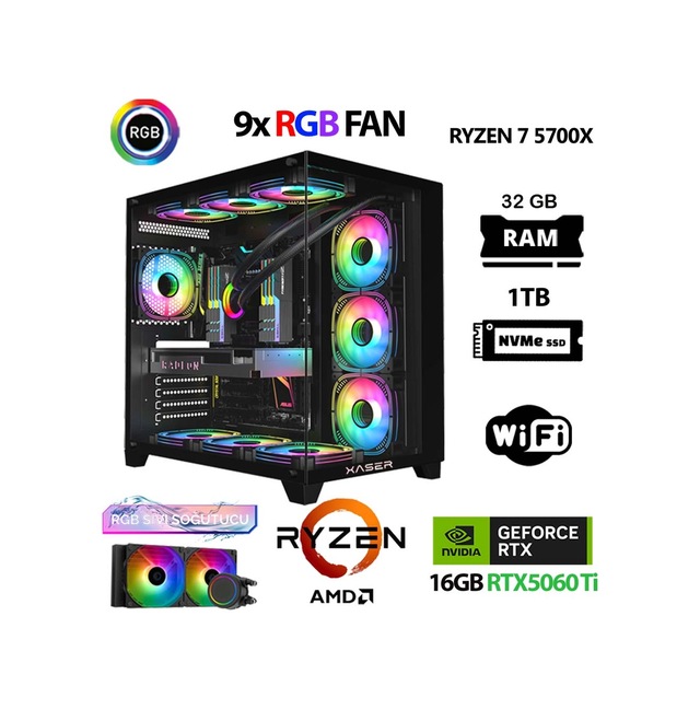 Xaser SOVAX40 R7-5700X 32 GB 1 TB M.2 NVMe SSD 16 GB RTX5060Ti Free Dos Masaüstü Oyuncu Bilgisayarı