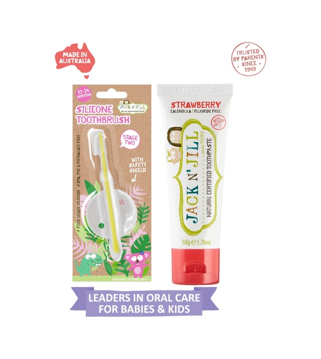 Jack N Jill Bebek Diş Fırçalama Seti Silikon Diş Fırçası + Çilek Aromalı Macun 50g