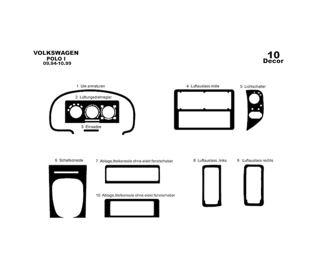Volkswagen Polo Uyumlu Torpido Kaplama 1994-1999 10 Parça Piano Black