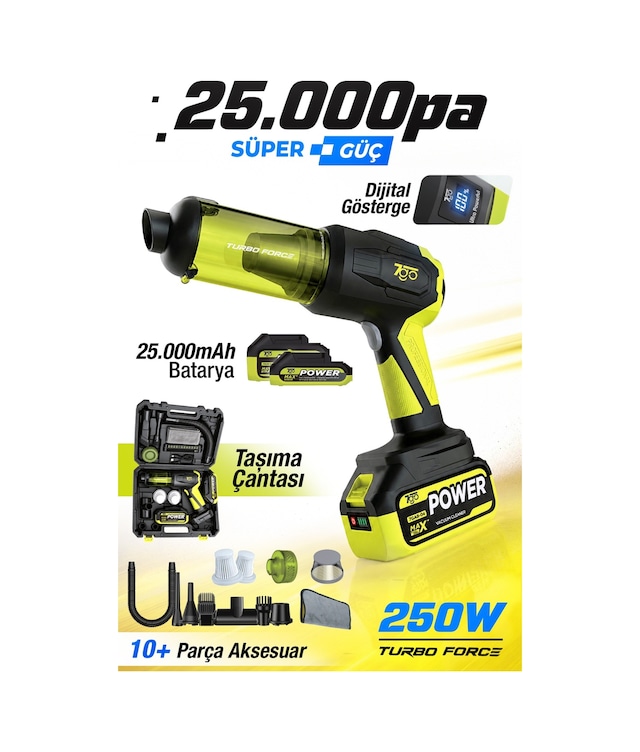 7go 7gab-04 25.000 Pa Şarjlı Araç Süpürgesi Ve Hava Üfleme Makinesi 90.000 Rpm Fırçasız Motor, 2's Yeşil