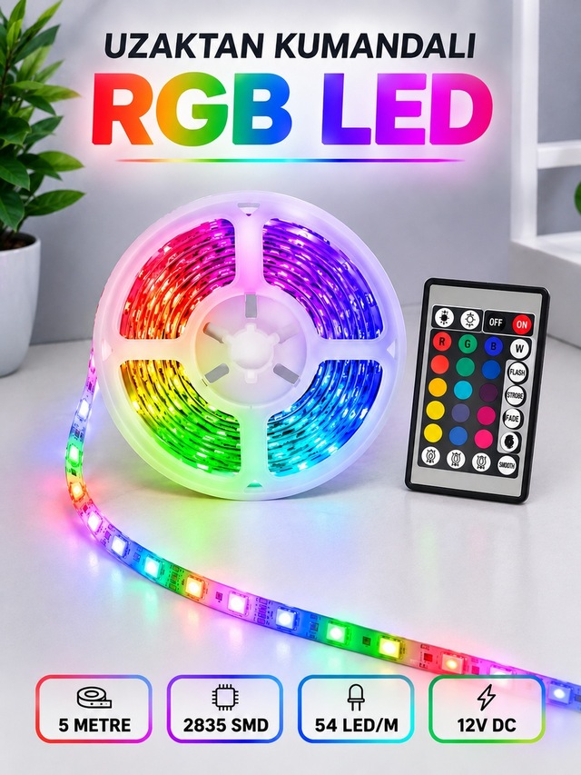 Rgb Şerit Led 5 Metre 12v 2835 Smd Kumandalı Renkli Oda Ve Ev Ayd