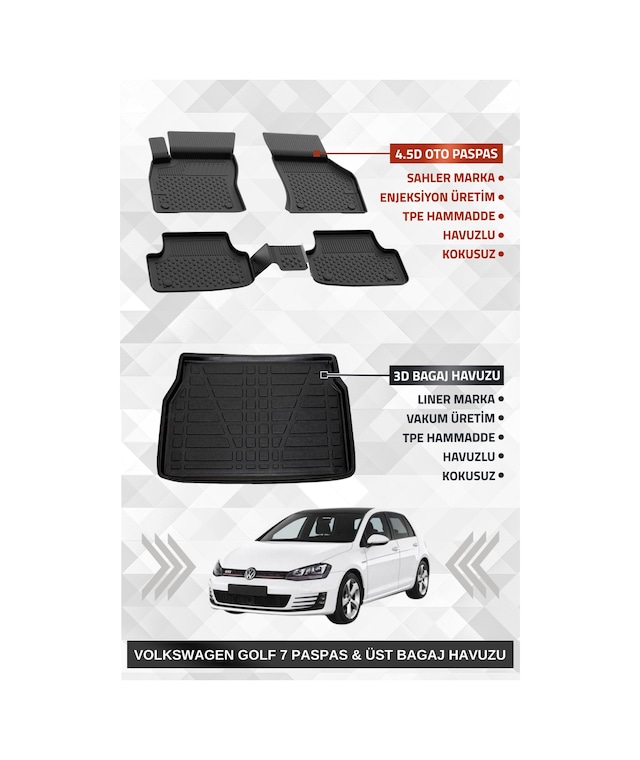 Sahler Volkswagen Golf 7 2013-2020 Uyumlu 4.5d Premium Havuzlu Paspas Ve Liner Marka 3d Üst Bagaj Havuzu