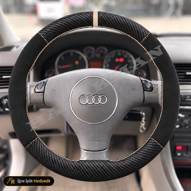 Audi S4 B6 Dikme Direksiyon Kılıfı Alcantara Süet Mat Karbon Bej Yüzük Ve Dikiş 3 Kollu Spor 2003-2004
