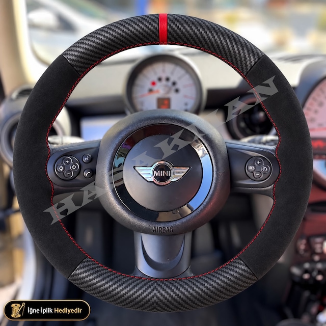 Mını Countryman R60 Dikme Direksiyon Kılıfı Alcantara Süet Mat Karbon Kırmızı Yüzük Ve Dikiş Crossover Suv 2010-2016