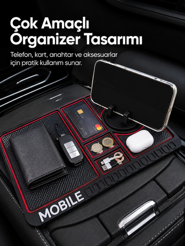 Araç İçi Kaydırmaz Organizer Mat Telefon Standlı Çok Amaçlı Konso