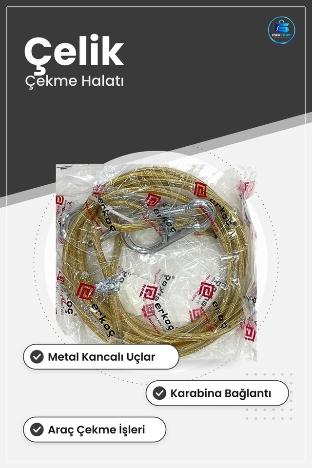 Çelik Çekme Halatı Çeki Demiri Araç Kancalı Karabinalı Oto Yol Ya
