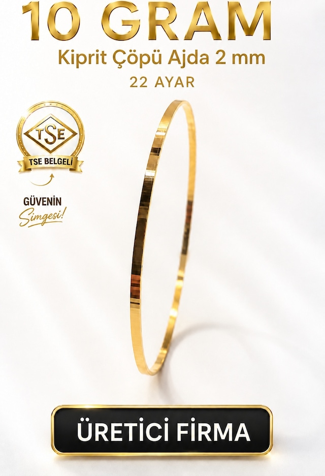 22 Ayar Tse Belgeli 10 Gram 2 Mm Kibrit Çöpü Ajda Altın Bilezik İşçiliksiz