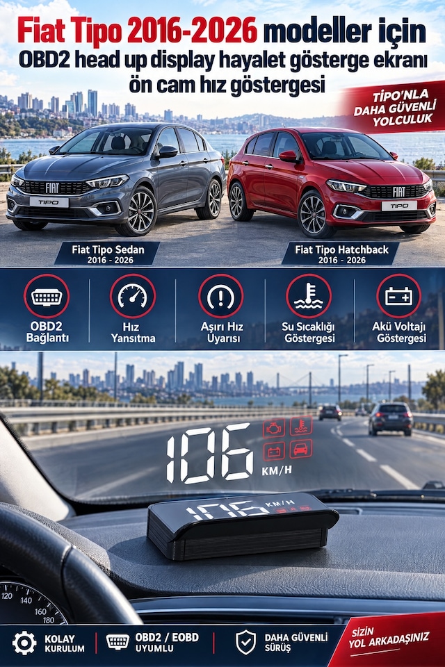 Fiat Tipo 2016-2026 Modeller İçin Obd2 Head Up Display Hayalet Gösterge Ekranı Ön Cam Hız Göstergesi