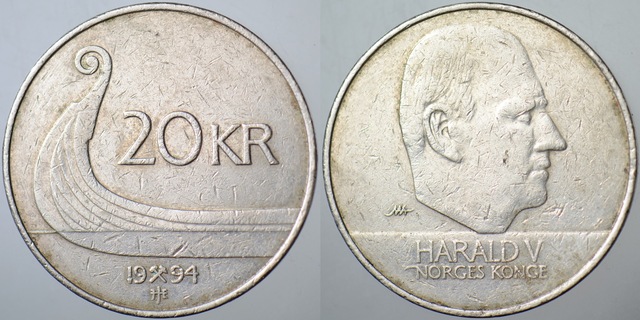 Norveç 20 Kron 1994 Basıldığı İlk Yıl. Kral 5. Harald.