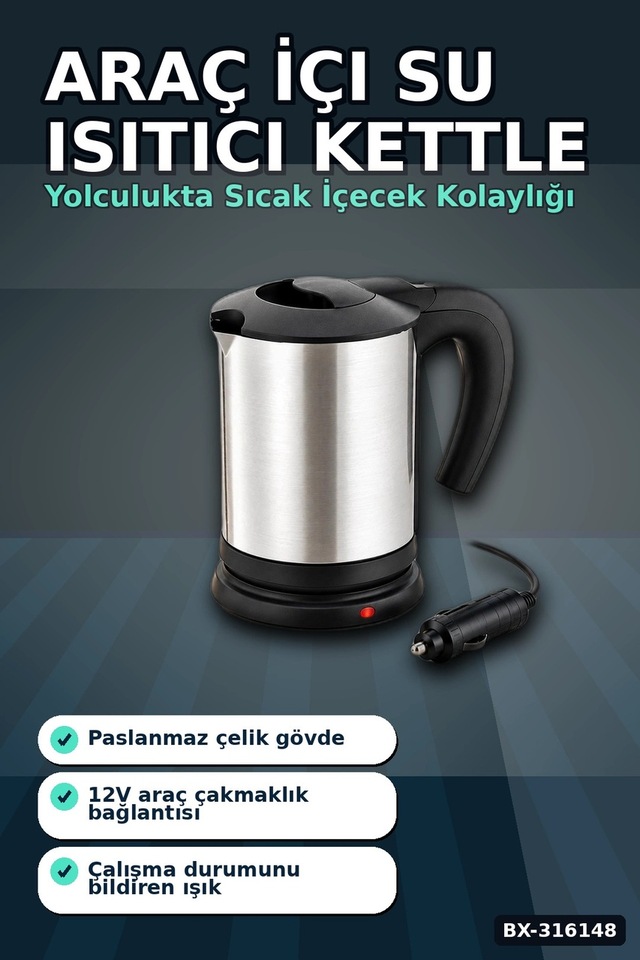 Araç İçi Su Isıtıcı Kettle - 12v Çakmaklık Girişli Paslanmaz Çelik Termos Bx-316148