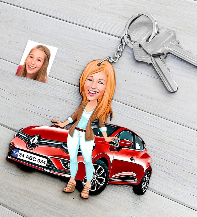 Kişiye Özel Bayan Renault Clio Figürlü Plakalı Ahşap Karikatür An N11.4960