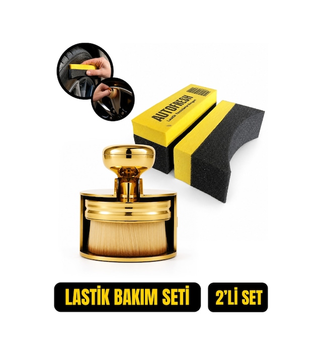 Oto Lastik Bakım Seti Lastik Parlatıcı Sünger Ve Gold Hazneli Detay Fırçası