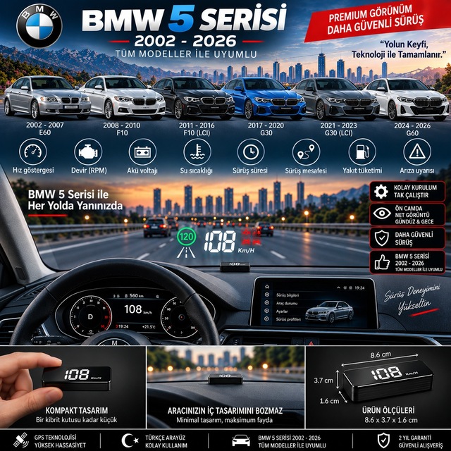 Bmw 5 Serisi 2002-2026 Modeller İçin Head Up Display Hayalet Gösterge Ekranı Ön Cam Hız Göstergesi