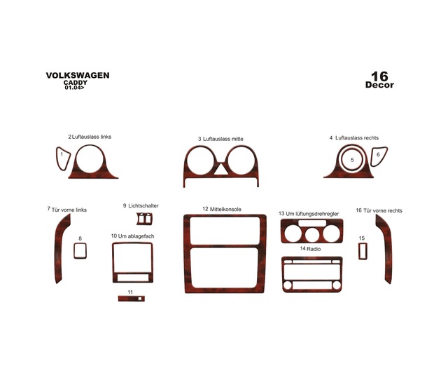Volkswagen Caddy Torpido Kaplama 2004-2009 16 Parça Maun