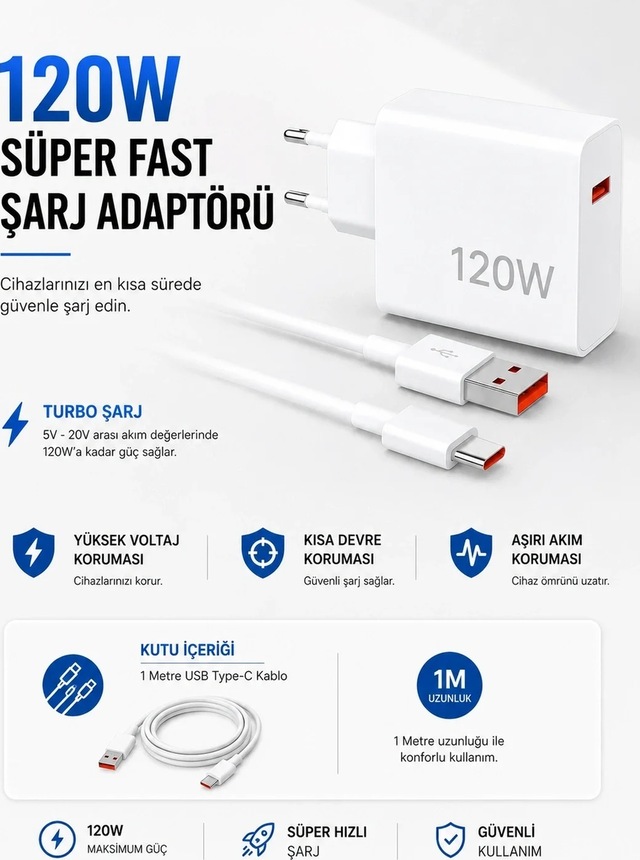 Ers Turbo 120w Hızlı Şarj Cihazı Type-c Kablolu