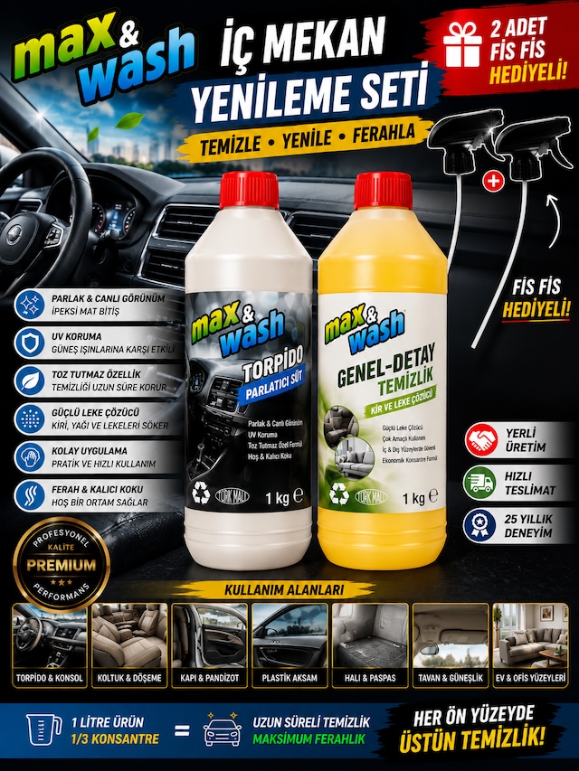 Max&wash İç Mekan Yenileme Seti 2'li 1 Kg Torpido Parlatıcı Süt + 1 Kg Genel Detay Temizleyici + 2 Adet Fıs Fıs Başlık Hediyeli Araç İç Temizlik Ve Bakım Seti