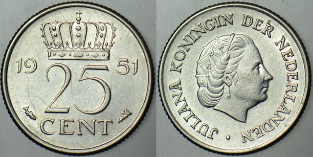 Hollanda 25 Cent 1951 Kraliçe Julıana Dönemi.