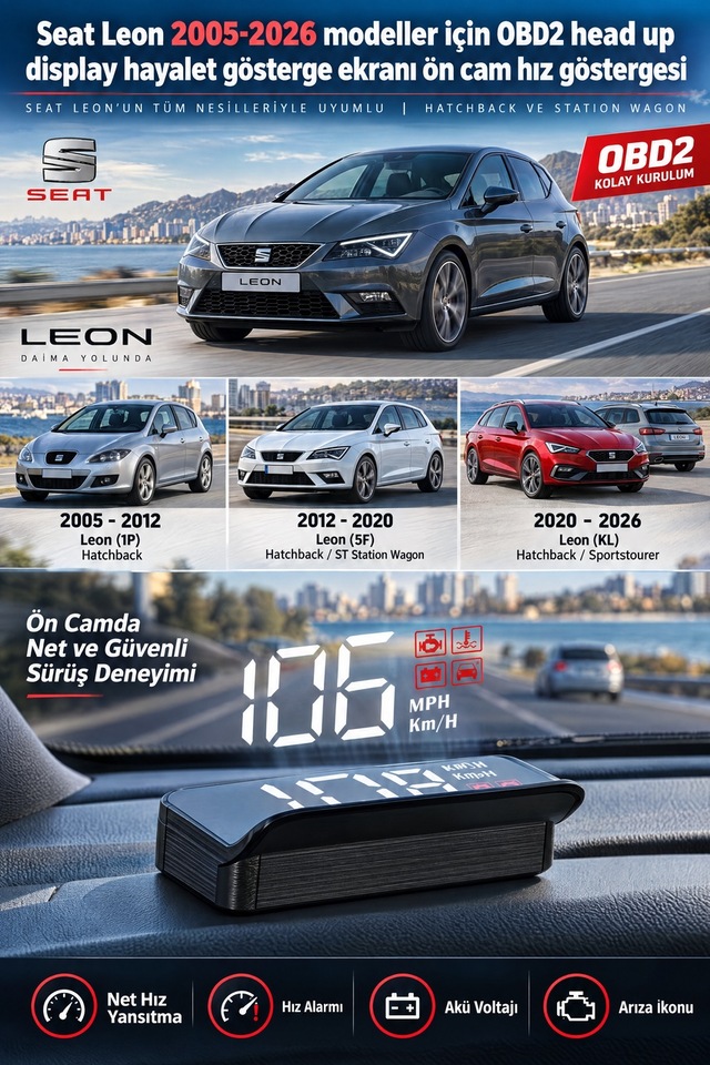 Seat Leon 2005-2026 Modeller İçin Obd2 Head Up Display Hayalet Gösterge Ekranı Ön Cam Hız Göstergesi