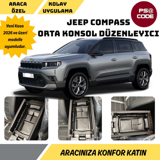 Yeni Kasa Jeep Compass 2025 Ve Üzeri Orta Konsol Kolçak, Saklama Kutusu, Kolçak Düzenleyici