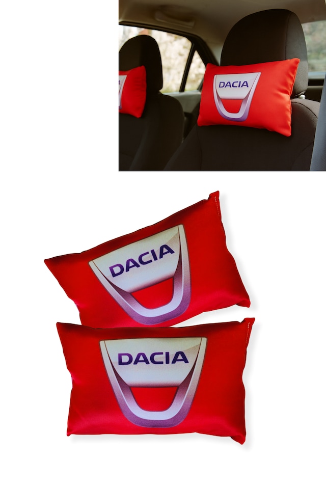 Dacia Logolu Kırmızı Seyahat Boyun Yastığı 2 Li Set Dijital Baskılı Araç Boyun Destek Yastığı Kırmızı