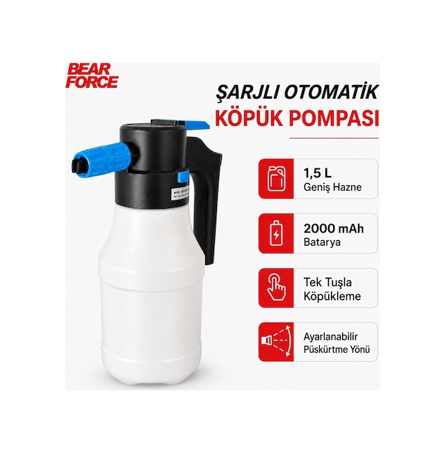 Robeve Bear Force Şarjlı Otomatik Köpük Pompası 1.5 Litre 2000 Mah Şarjlı Köpük Püskürtücü Basınçlı Araç Yıkama Köpükleme Spreyi Şarjlı Köpük Makinesi Oto Yıkama Pompası