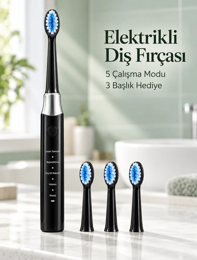 Ers Günlük Ağız Bakımı İçin Şarj Edilebilir 5 Modlu Siyah Elektrikli Diş Fırçası 58611499