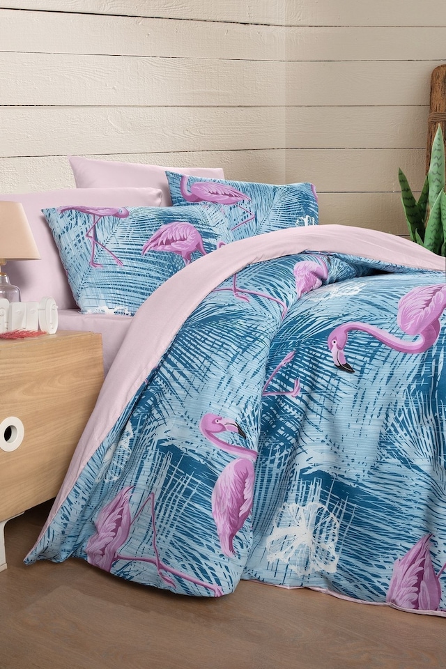Mystory Home Lastikli Çarşaflı Çift Kişilik Nevresim Takımı Flamingo Mor - Pembe
