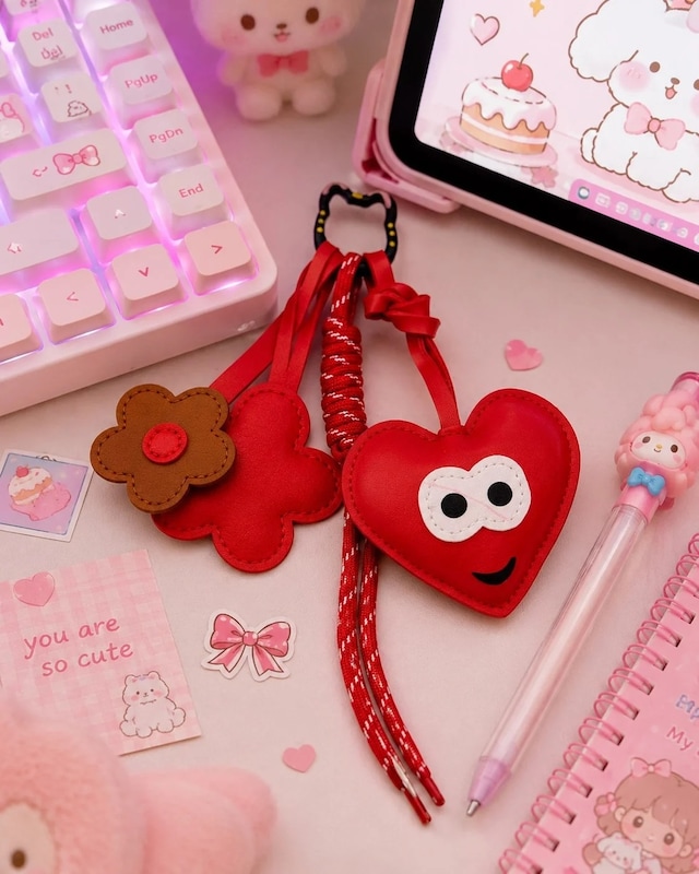 Ers Sevimli Kalp & Çiçek Charm Çanta Aksesuarı Kawaii Kore Tarzı Deri Kırmızı Bag Charm