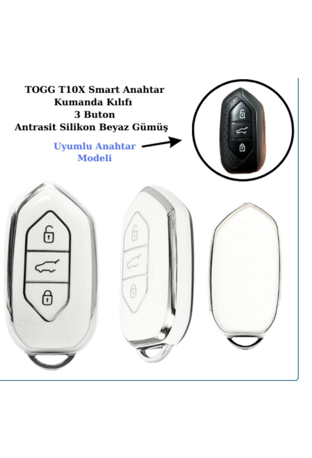 Togg T10x Uyumlu Anahtar Koruma Kılıf Beyaz / Gümüş Detaylı