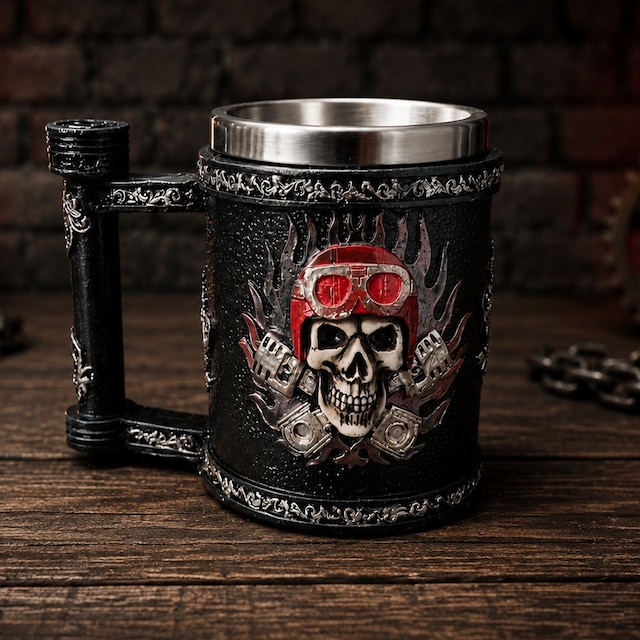 Kuru Kafa Motorcu Tasarımlı Metal Kupa Bardak Pop