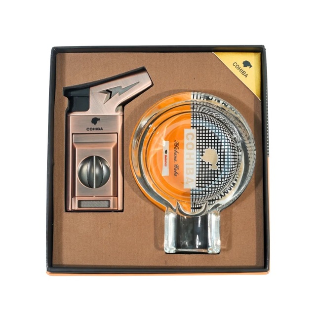 Cohiba Tek Torch Çakmak Kesici Kristal Küllük Bakır İkili Puro Seti Tr9834