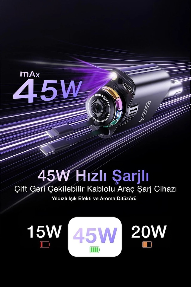 45w Işıklı Ve Kokulu Araç Şarj Cihazı Hızlı Şarj Usb-c & İos Uyumlu Atmosfer Işığı 45w 1 Type C