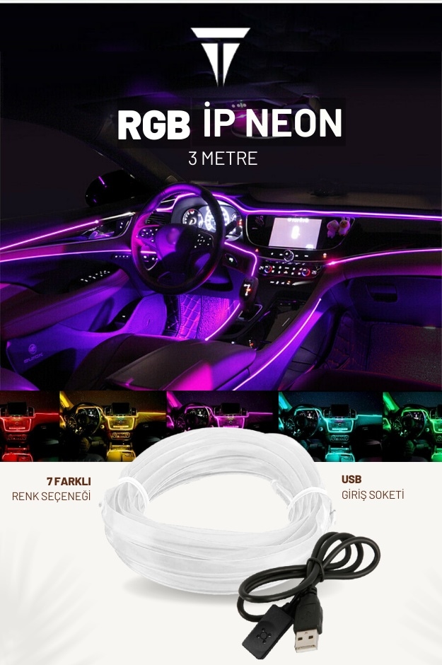 RGB Araç Içi Atmosfer Ambiyans İp Neon Torpido Led 3 Metre USB Gi