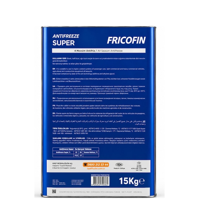 Opet Fuchs Fricofin Super Antifriz 15 Kg Konsantre 4 Mevsim Mavi Antifriz
