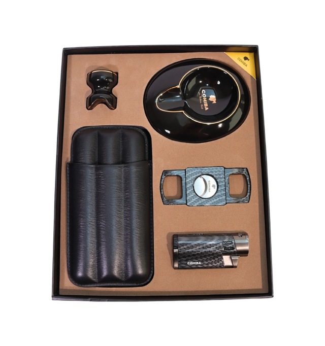 Cohiba 4 Torch Pürmüz Çakmak Kılıf Küllük Kesici Sehpa Karbon Desenli Siyah Beşli Puro Seti Tr10023