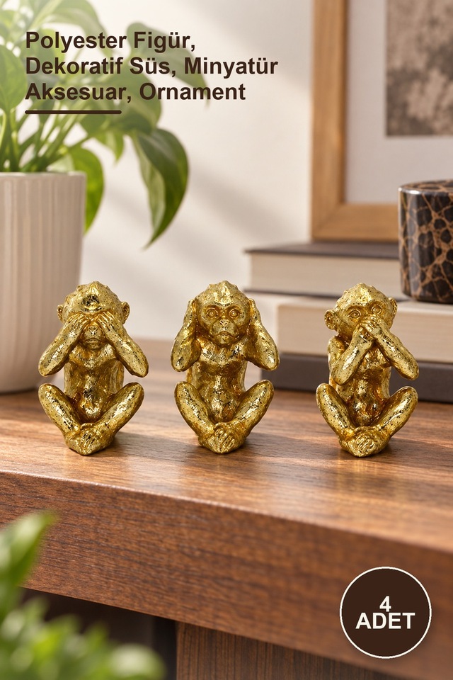 4 Adet Polyester 3 Maymun 019-803 Polyester Figür, Dekoratif Süs, Minyatür Aksesuar, Ornament