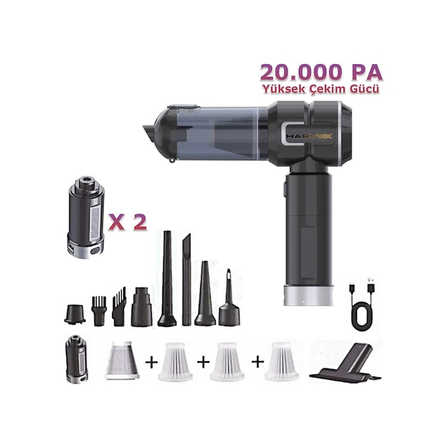 Harvox Hxvc-005 Araç İçi Profesyonel Süpürge 12.000 Mah Çift Bataryalı 20.000pa Güçlü Vakum Ve Üfleme Powerbank Özellikli Süpürge Siyah